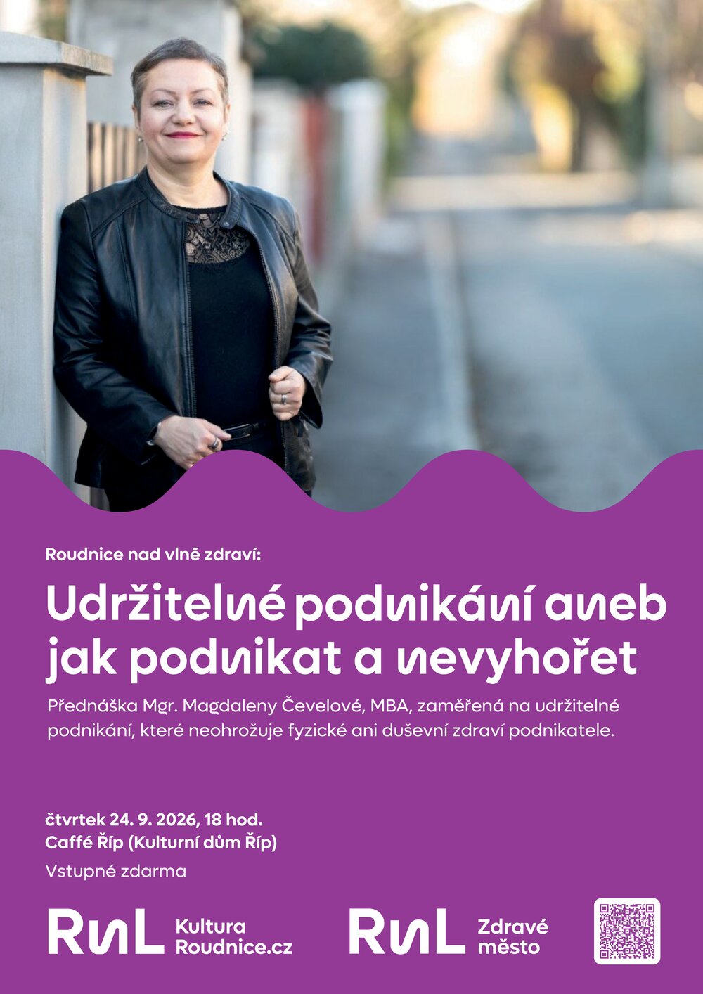 Plakát – Udržitelné podnikání aneb jak podnikat a nevyhořet - přednáška v Caffé Říp