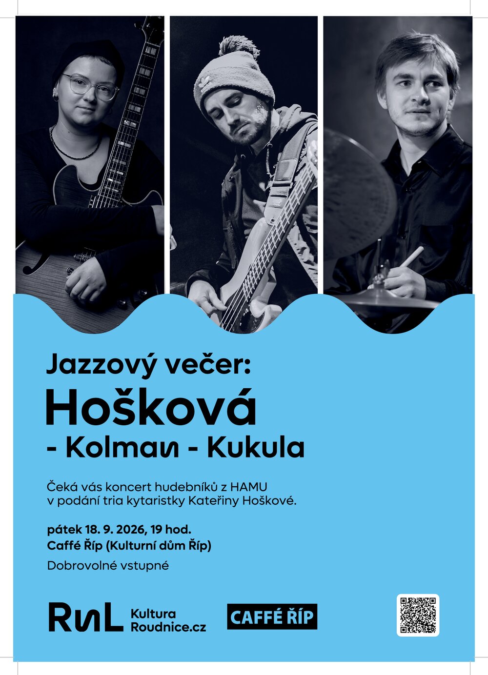 Plakát – Hošková-Kolman-Kukula jazzové trio v Caffé Říp